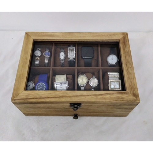 164 - Wooden Display Box with Glass Lid, Containing a Number of Costume Watches and Jewellery Including Ne... 