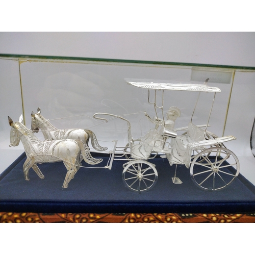 165 - Sterling Silver 925 Filigree Horse-Drawn Carriage in Glass Display Case with Batik-Patterned Base