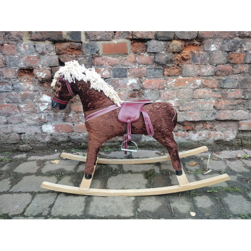 217 - Medium-Sized Modern Rocking Horse, Made from Wood and Plastic, Covered in Brown Felt Material with R... 