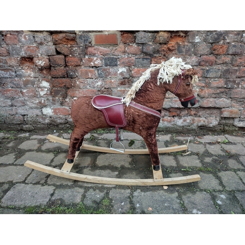 217 - Medium-Sized Modern Rocking Horse, Made from Wood and Plastic, Covered in Brown Felt Material with R... 