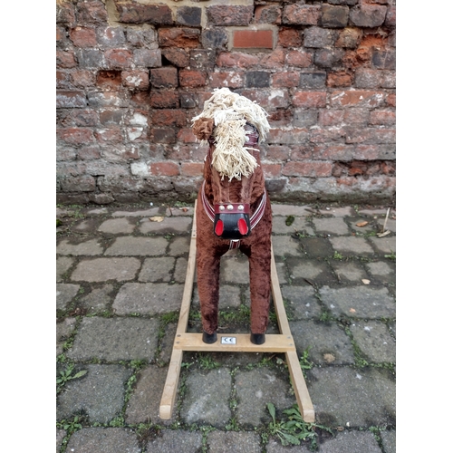 217 - Medium-Sized Modern Rocking Horse, Made from Wood and Plastic, Covered in Brown Felt Material with R... 