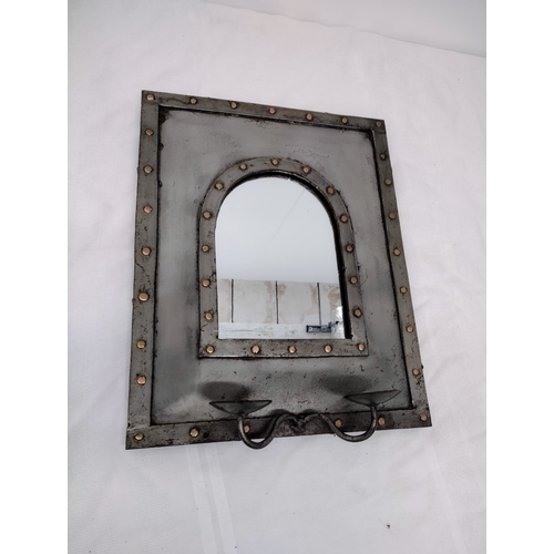 222 - Vintage Hand Forged Mirror with Candle Sconces approx 16 inches by 12.5 inches