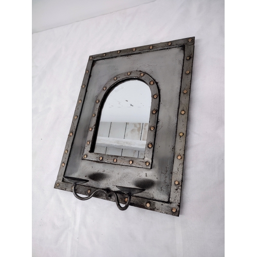 222 - Vintage Hand Forged Mirror with Candle Sconces approx 16 inches by 12.5 inches