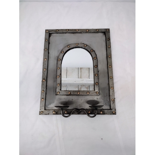 222 - Vintage Hand Forged Mirror with Candle Sconces approx 16 inches by 12.5 inches