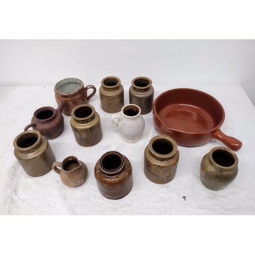 303 - Set of Earthenware Items Including Jars, Jugs, and a Handled Dish, Mid to Late 20th Century.