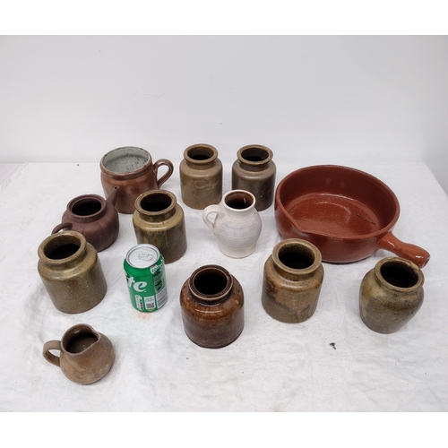 303 - Set of Earthenware Items Including Jars, Jugs, and a Handled Dish, Mid to Late 20th Century.