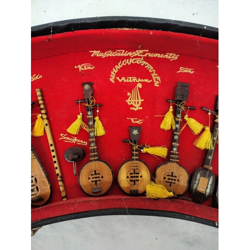 306 - Diorama of Miniature Vietnamese Traditional Musical Instruments in Curved Case, Mid to Late 20th Cen... 