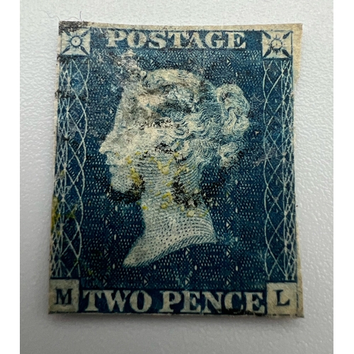 35A - 1840 2d Blue Stamp, QV Two Penny Blue Imperforate, Plate 1 (M-L), Affixed to Card or Envelope, Margi... 