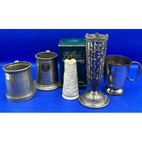 181 - Collection of Interesting Items to include Pewter Goblets, Boxed Belleek Irish China Castle Vase & J... 