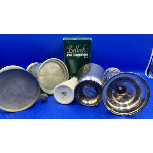 181 - Collection of Interesting Items to include Pewter Goblets, Boxed Belleek Irish China Castle Vase & J... 