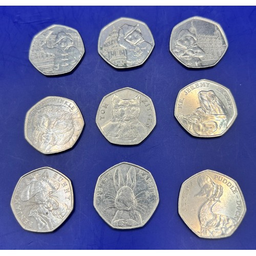 405 - 9 Collectible Commemorative Coins 50p Pieces to include 2018 Paddington Bear, 2 Different 2019 Paddi... 