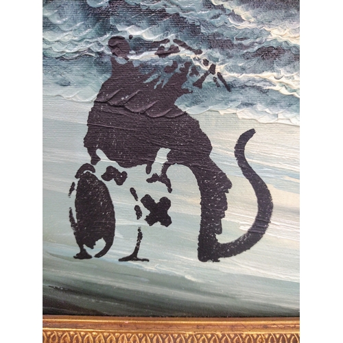 400 - 20th Century W. Chester Seascape with Banksy-Style Stencil Art in Rococo Frame 50cm x 38cm