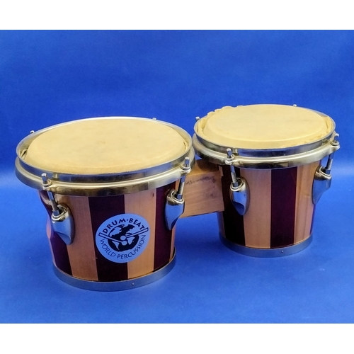 210 - Vintage Pair of Drum Beat World Percussion Bongo Drums, Staved Wood Construction with Natural Rawhid... 