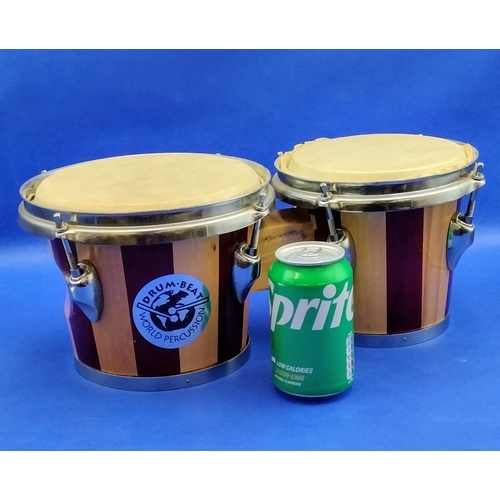 210 - Vintage Pair of Drum Beat World Percussion Bongo Drums, Staved Wood Construction with Natural Rawhid... 