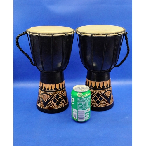 301 - Pair Vintage of Hand-Carved West African Djembe Drums, 18cm Diameter, 30cm High