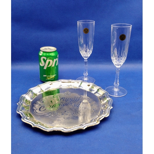 305 - Vintage Italian Royal Crystal Rock (RCR) Crystal Champagne Flute Set with Silver-Toned Anniversary T... 