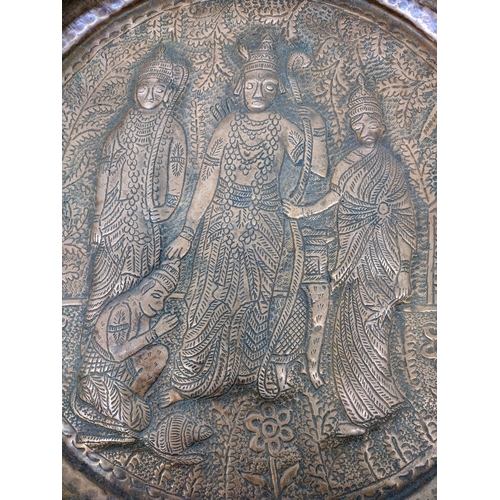 280 - Large Antique Indian Copper Charger Decorated with Buddahs and Deities