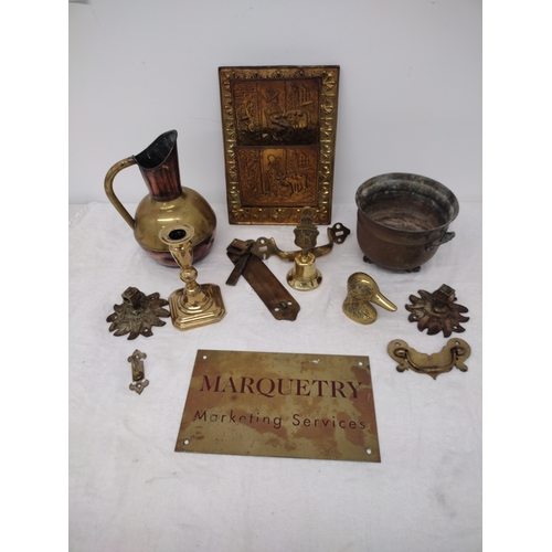 278 - Set of 19th and Early 20th Century Brass and Copper Items, Including Candlesticks, Jug, Plaques, and... 