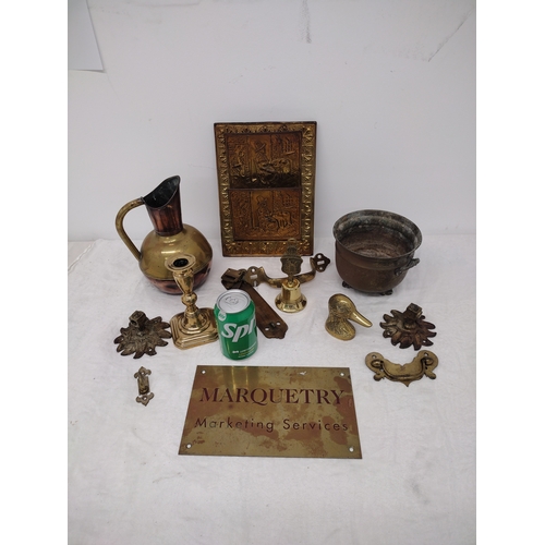 278 - Set of 19th and Early 20th Century Brass and Copper Items, Including Candlesticks, Jug, Plaques, and... 