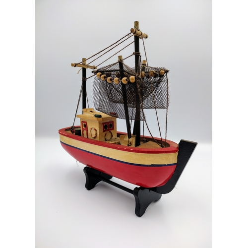 443 - Wooden Model of a Fishing Boat, Mid to Late 20th Century, with Painted Detail and Display Stand