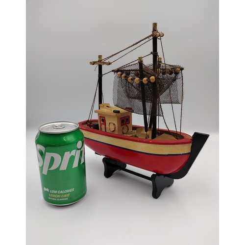 443 - Wooden Model of a Fishing Boat, Mid to Late 20th Century, with Painted Detail and Display Stand