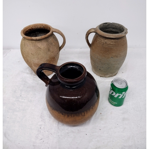 457 - Set of Three Large Rustic Earthenware Jugs, Including Glazed and Unglazed..