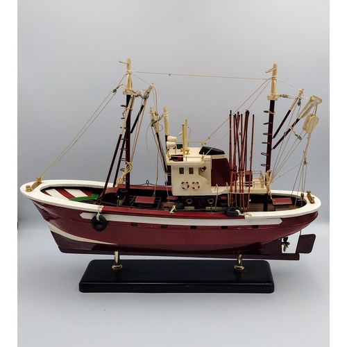 450 - Wooden Model of a Fishing Trawler, Mid to Late 20th Century, with Painted Detail and Display Stand