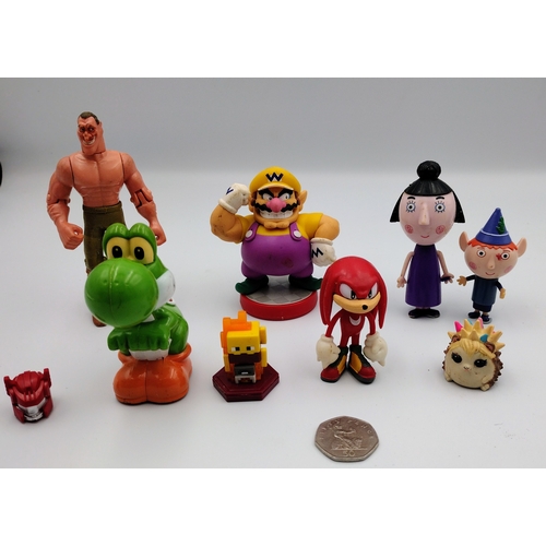 354 - Set of Mixed Character Figurines Including Wario, Yoshi, Knuckles, and Ben & Holly Figures