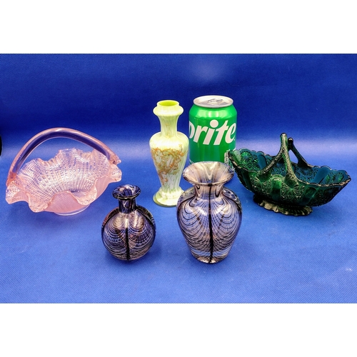 353 - Collection of Five Vintage Art Glass Pieces Including Pressed Glass Baskets and Murano-Style Vases, ... 