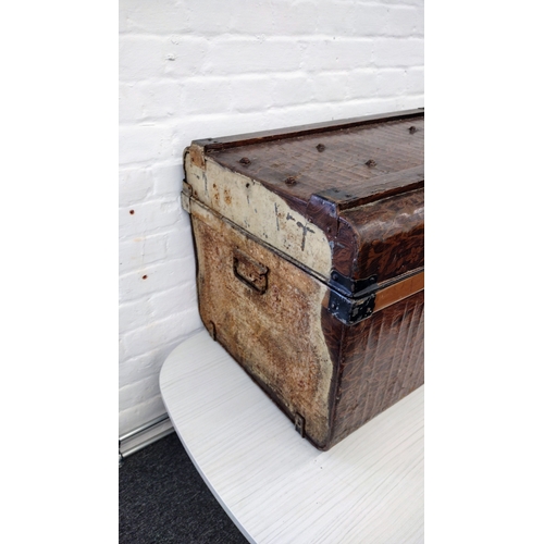 419 - Victorian Japanned Steamer Travelling Trunk, Rounded Lid, Metal Reinforcements, 74cm x 50cm x 46cm a... 