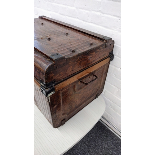 419 - Victorian Japanned Steamer Travelling Trunk, Rounded Lid, Metal Reinforcements, 74cm x 50cm x 46cm a... 