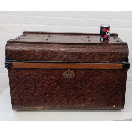 419 - Victorian Japanned Steamer Travelling Trunk, Rounded Lid, Metal Reinforcements, 74cm x 50cm x 46cm a... 