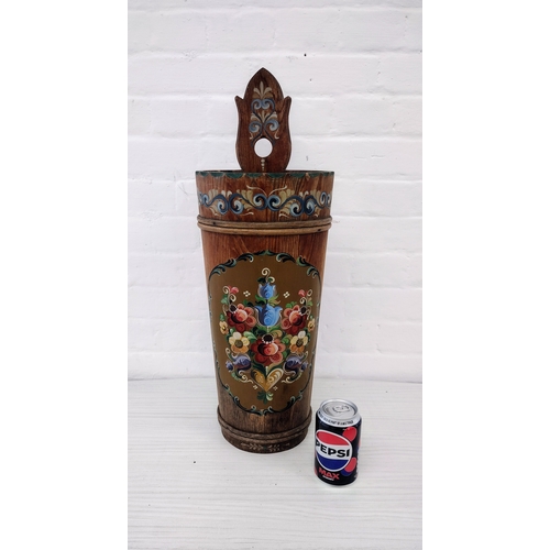 422 - Early 20th Century Handpainted Floral Wooden Bargeware Bucket Umbrella or Walking Stick Stand