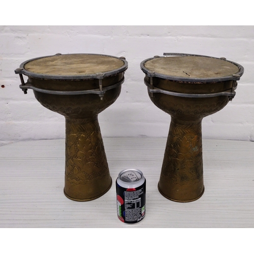 461 - Pair of Mid-20th Century Embossed Brass Doumbek Drums, Middle Eastern/North African, with Metal Tens... 