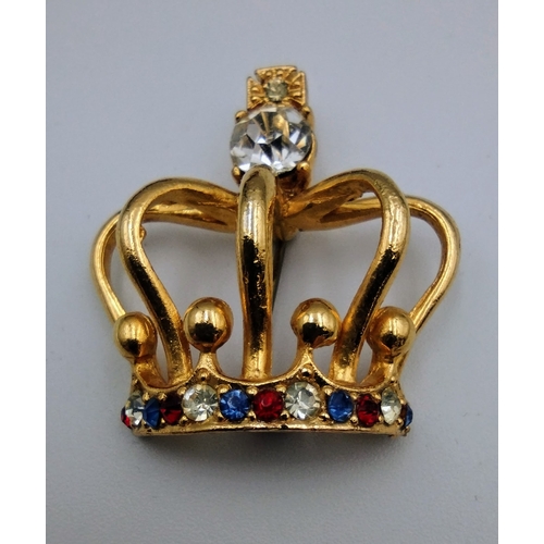 17 - 1953 Queen Elizabeth II Coronation Crown Brooch with Red, Blue, and Clear Rhinestones in Original Bo... 