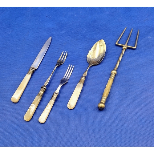 18 - Set of 5 Silver-Plated Utensils with Mother-of-Pearl Handles, Including Pickle Forks, Toasting Fork,... 