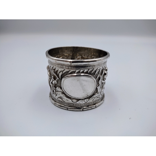 19 - Antique Chinese Export Silver Napkin Ring with Repoussé Hunting Scene, Hallmark Attributes it to a S... 