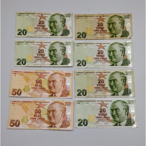 26 - Set of 8 Turkish Lira Banknotes, 6 × 20 Lira and 2 × 50 Lira, 2009 & 2012 Series, Circulated Conditi... 