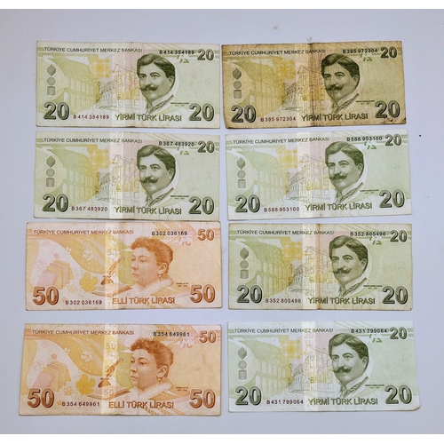 26 - Set of 8 Turkish Lira Banknotes, 6 × 20 Lira and 2 × 50 Lira, 2009 & 2012 Series, Circulated Conditi... 