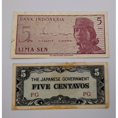 30 - Set of 2 Banknotes: Indonesian 5 Sen (1964) and Japanese Occupation 5 Centavos (WWII), Circulated Co... 