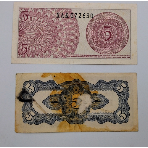 30 - Set of 2 Banknotes: Indonesian 5 Sen (1964) and Japanese Occupation 5 Centavos (WWII), Circulated Co... 