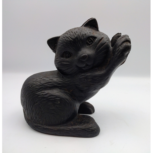 233 - Circa 1920s Cast Iron Two-Part Cat Doorstop with Raised Paws approx 15cm tall