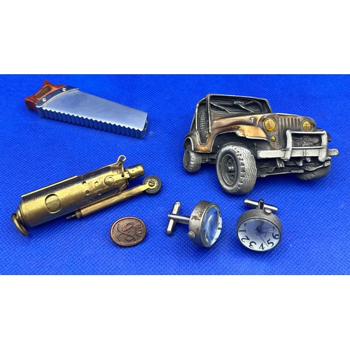 246 - Selection of Interesting Items to include Brass Trench Lighter, 1978 Jeep Belt Buckle, Saw Lighter &... 