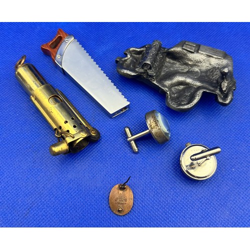 246 - Selection of Interesting Items to include Brass Trench Lighter, 1978 Jeep Belt Buckle, Saw Lighter &... 