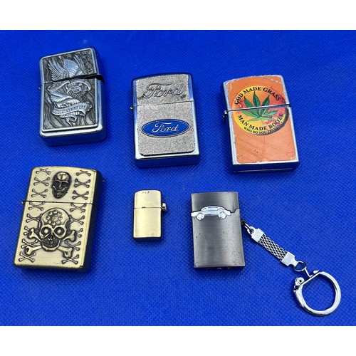 247 - 6 Zippo Style Lighters to include Miniature Brass Z-16, Pirate Earth, Ford & More