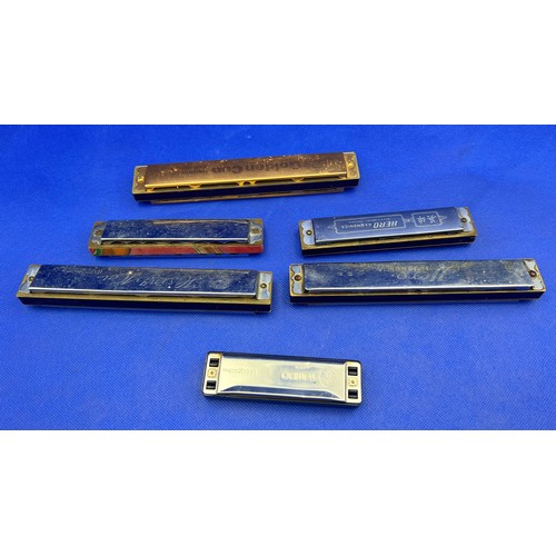 250 - 6 Vintage Harmonicas to include Tombo Lee Oskar, H Singha, Hero Harmonica, Golden Cup, Blessing etc