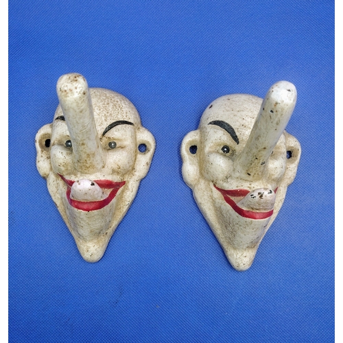 251 - Pair of Circa 1940s Cast Iron Clown Novelty Wall Hooks, Hand-Painted and Designed for Decorative or ... 