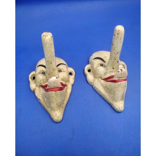 251 - Pair of Circa 1940s Cast Iron Clown Novelty Wall Hooks, Hand-Painted and Designed for Decorative or ... 