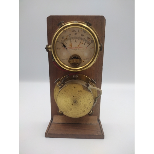 257 - Early 20th Century Brass Voltmeter and Milliampere Meter on Wooden Base, Circa 1910–1920