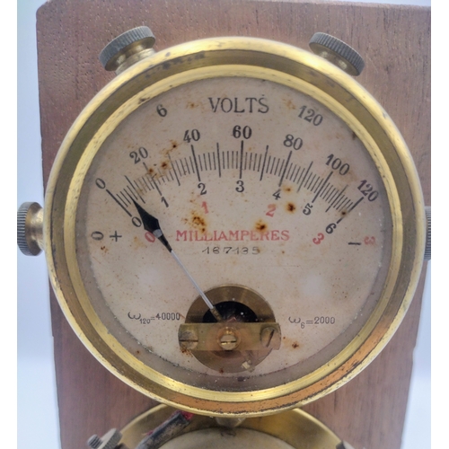 257 - Early 20th Century Brass Voltmeter and Milliampere Meter on Wooden Base, Circa 1910–1920